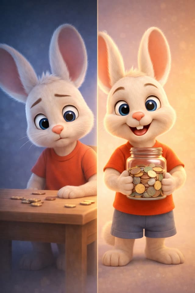 Contrast between a confused bunny with a few coins and a happy bunny with a full jar of savings